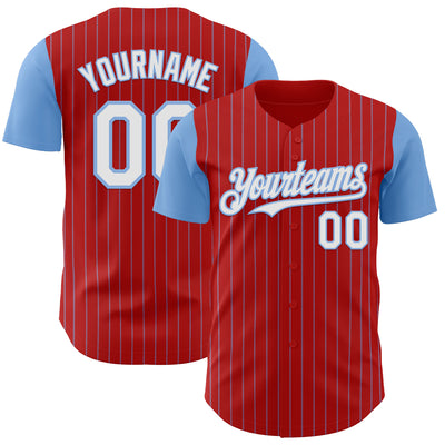 Custom Red Light Blue Pinstripe White Authentic Two Tone Baseball Jersey