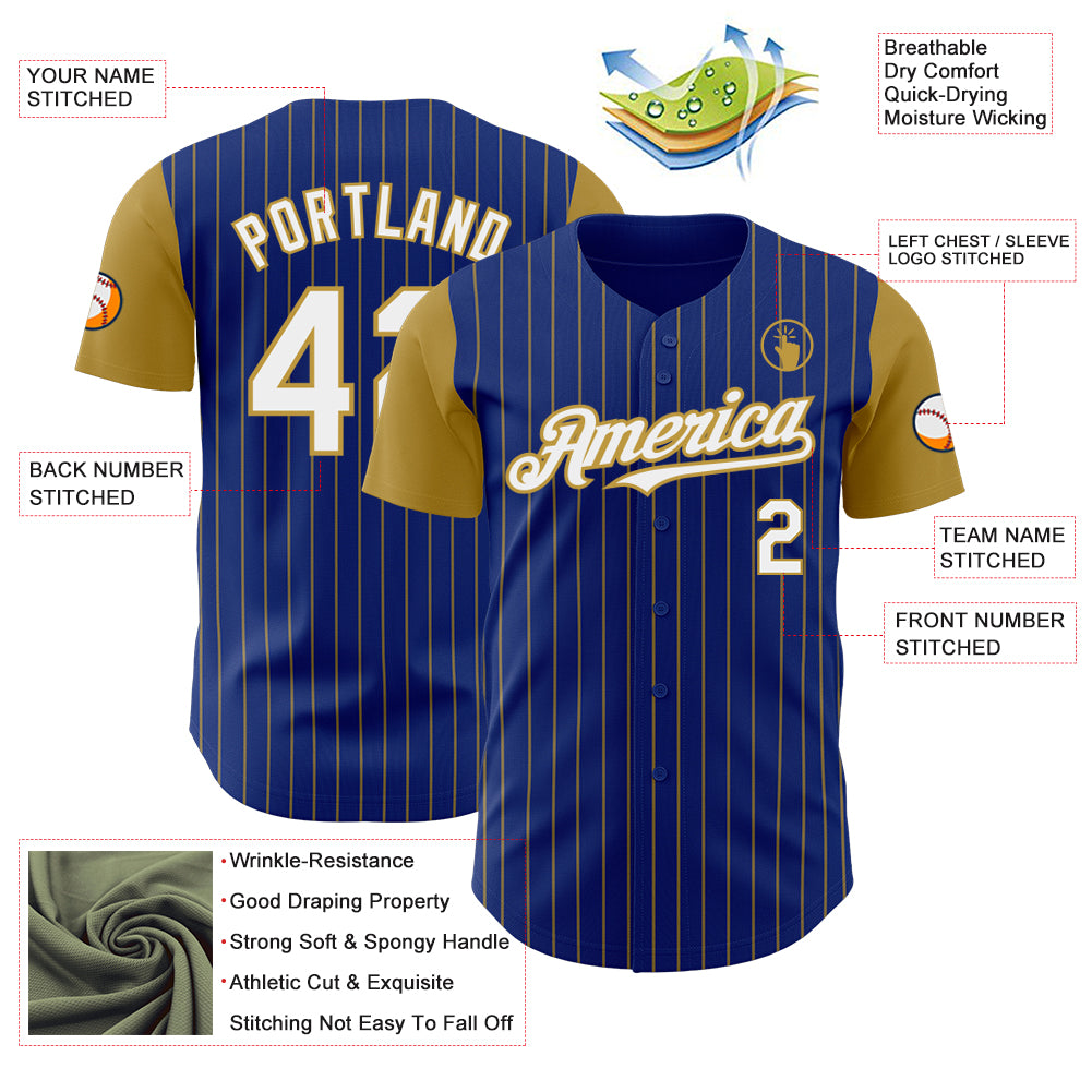 Custom Royal Old Gold Pinstripe White Authentic Two Tone Baseball Jersey
