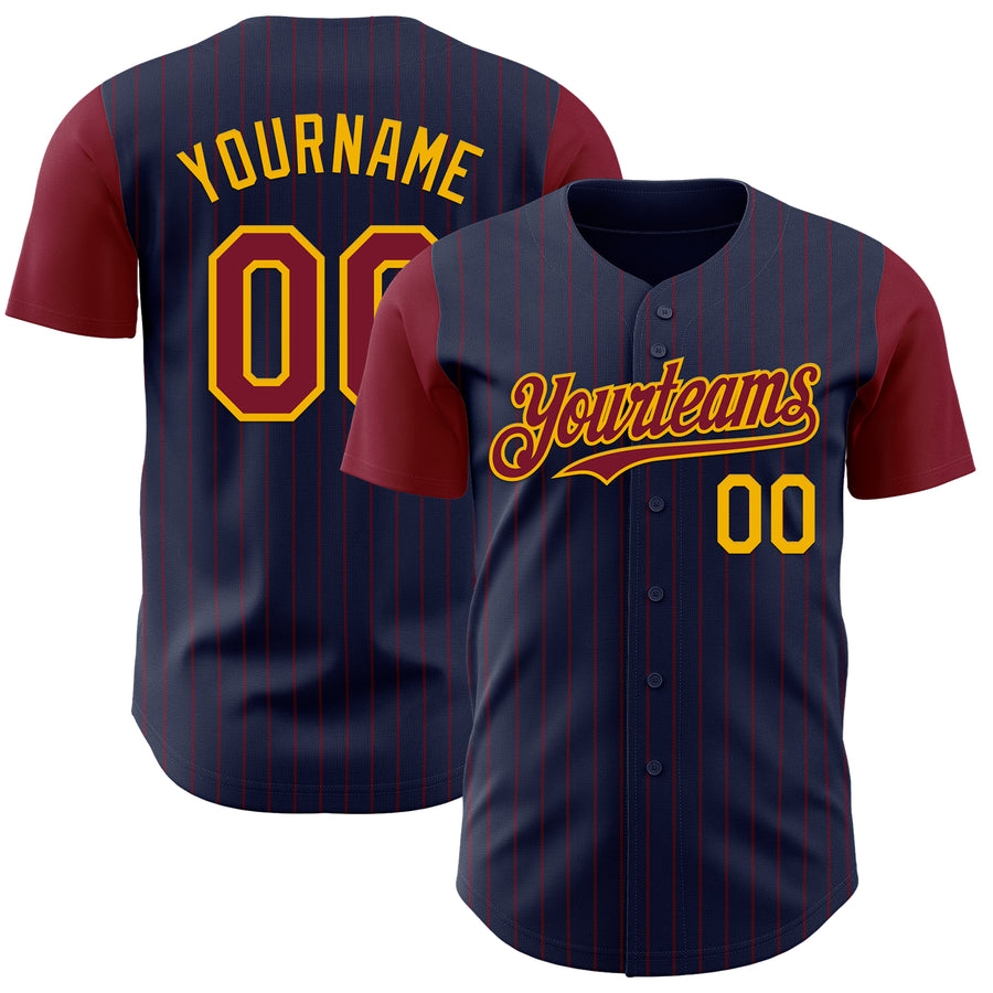 Custom Navy Crimson Pinstripe Gold Authentic Two Tone Baseball Jersey