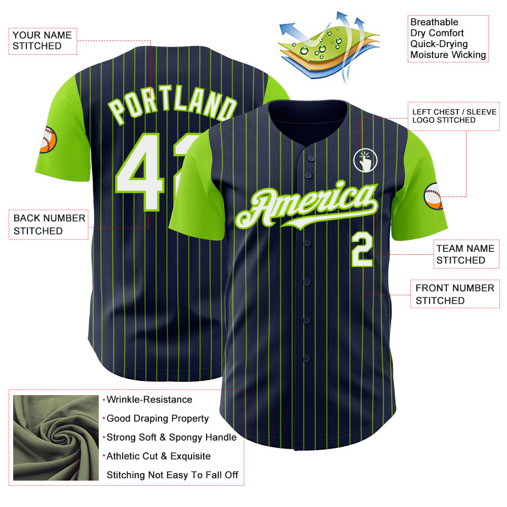 Custom Navy Neon Green Pinstripe White Authentic Two Tone Baseball Jersey