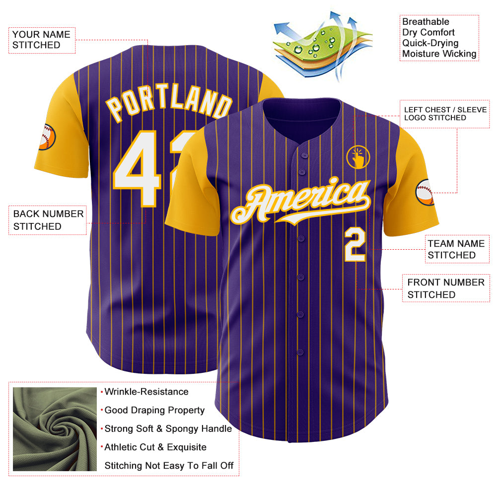 Custom Purple Gold Pinstripe White Authentic Two Tone Baseball Jersey
