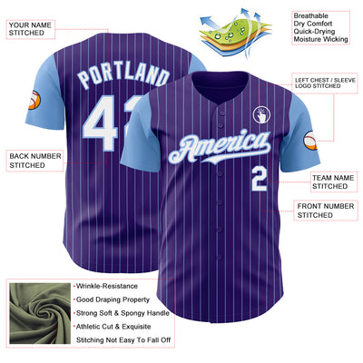 Custom Purple Light Blue Pinstripe White Authentic Two Tone Baseball Jersey