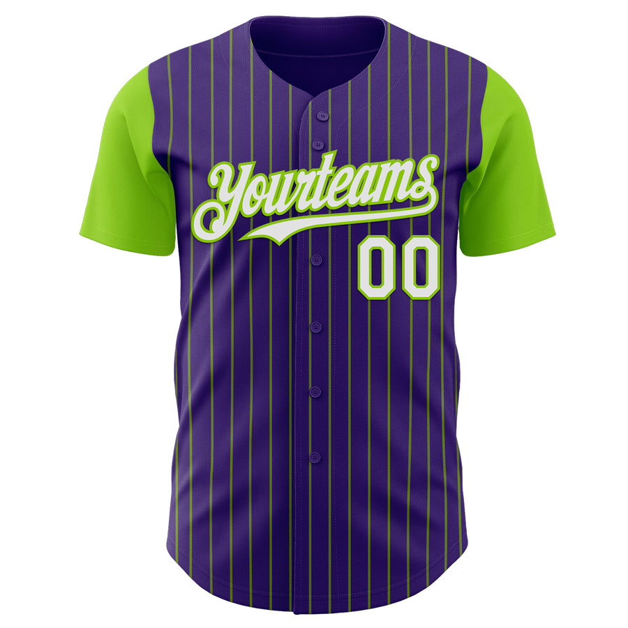Custom Purple Neon Green Pinstripe White Authentic Two Tone Baseball Jersey