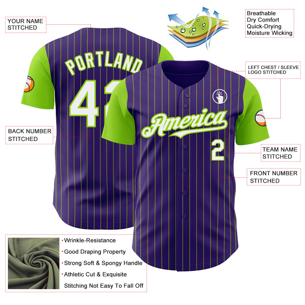 Custom Purple Neon Green Pinstripe White Authentic Two Tone Baseball Jersey
