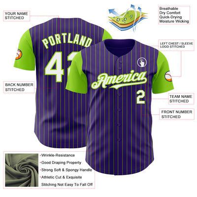 Custom Purple Neon Green Pinstripe White Authentic Two Tone Baseball Jersey