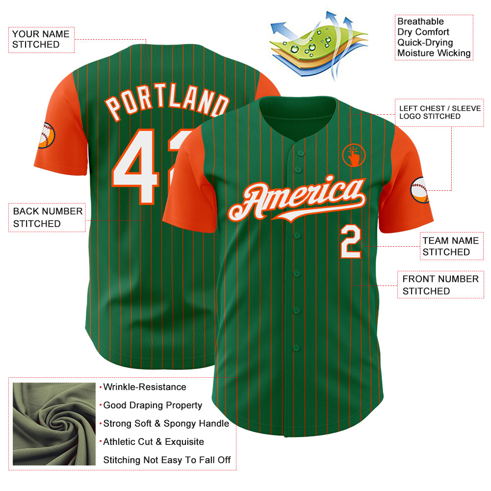 Custom Kelly Green Orange Pinstripe White Authentic Two Tone Baseball Jersey