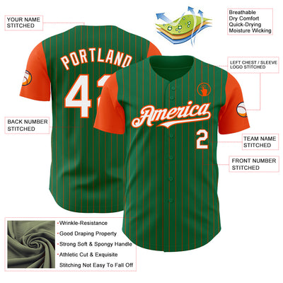Custom Kelly Green Orange Pinstripe White Authentic Two Tone Baseball Jersey