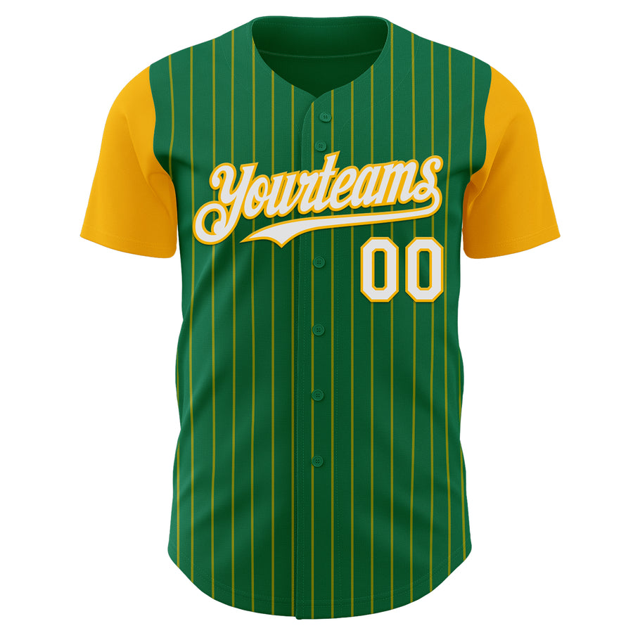 Custom Kelly Green Gold Pinstripe White Authentic Two Tone Baseball Jersey