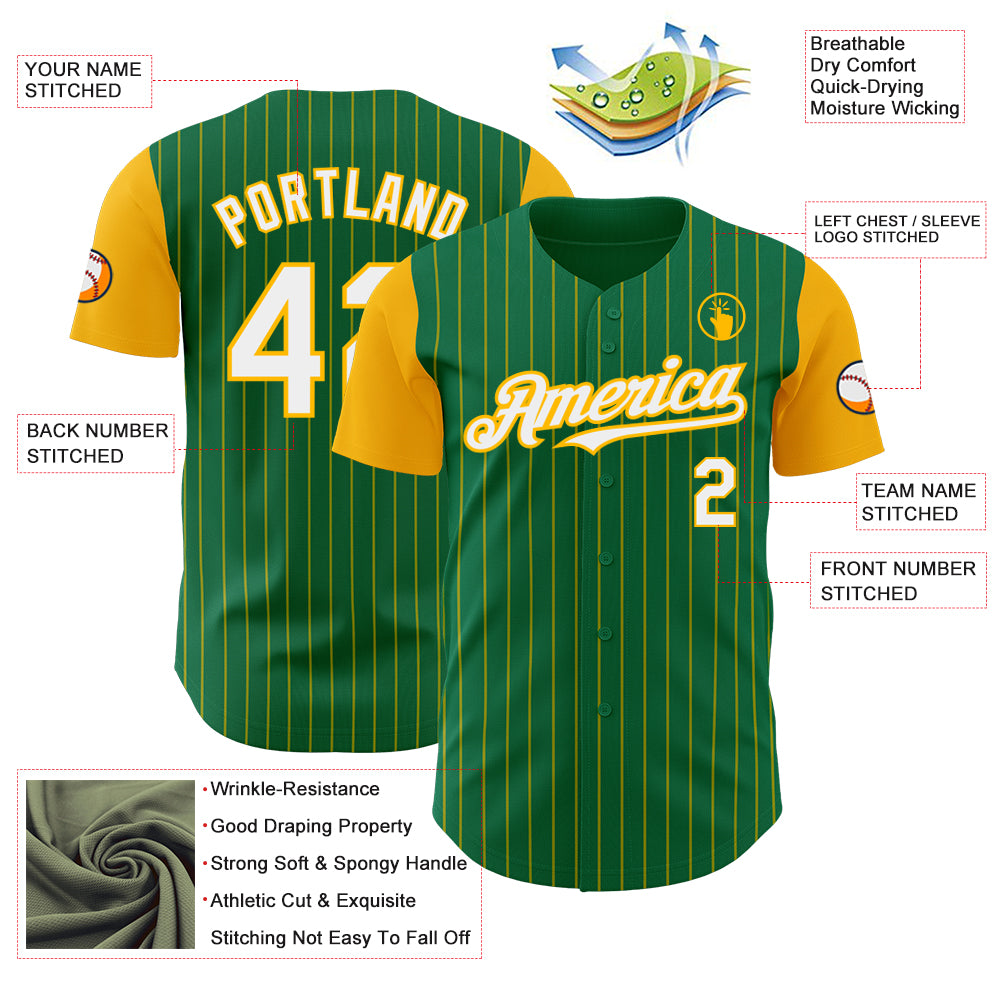 Custom Kelly Green Gold Pinstripe White Authentic Two Tone Baseball Jersey