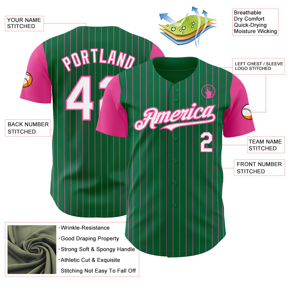 Custom Kelly Green Pink Pinstripe White Authentic Two Tone Baseball Jersey