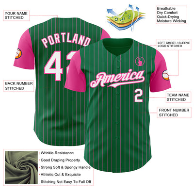 Custom Kelly Green Pink Pinstripe White Authentic Two Tone Baseball Jersey