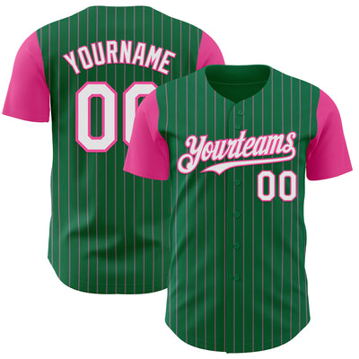 Custom Kelly Green Pink Pinstripe White Authentic Two Tone Baseball Jersey
