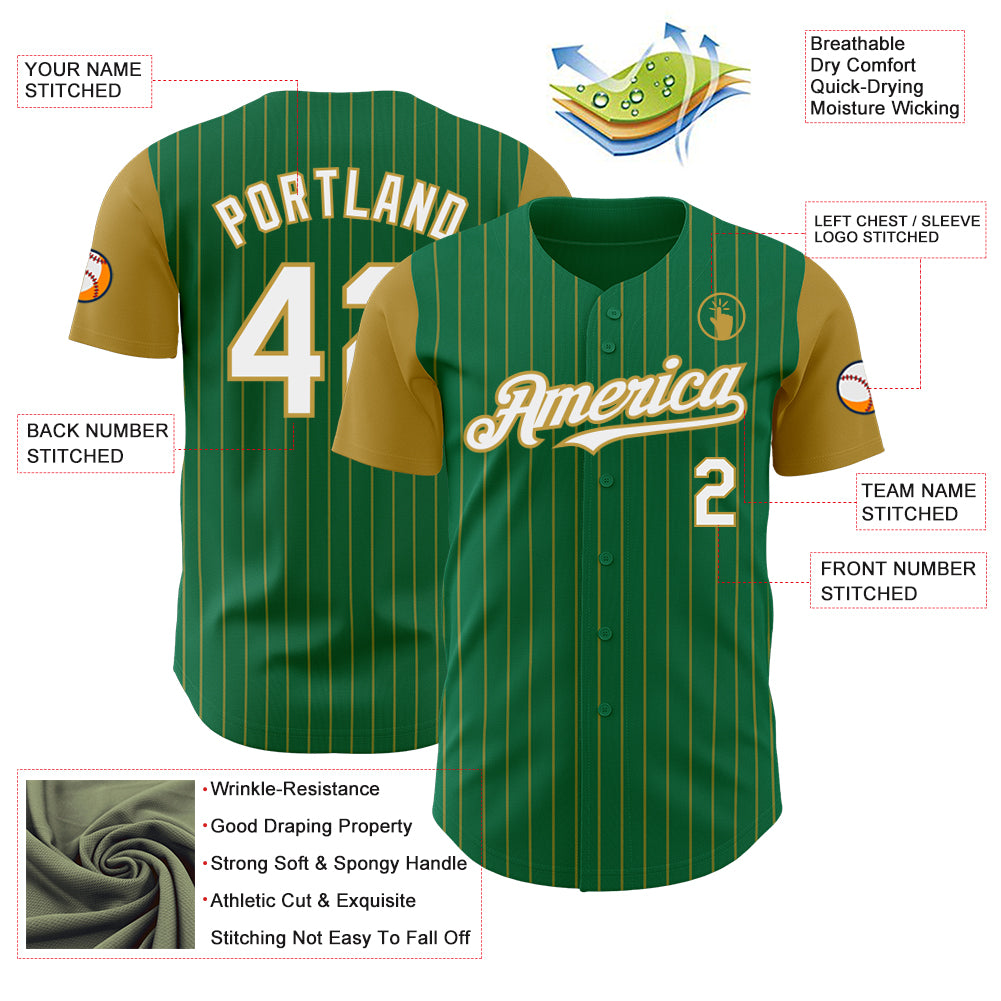 Custom Kelly Green Old Gold Pinstripe White Authentic Two Tone Baseball Jersey