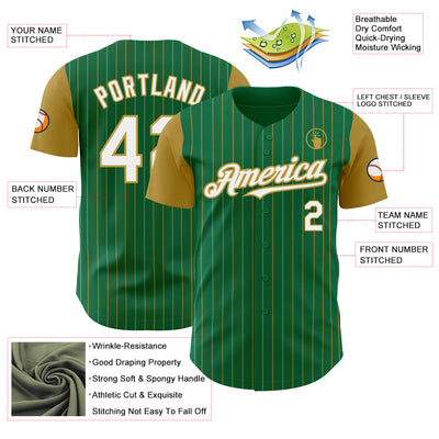 Custom Kelly Green Old Gold Pinstripe White Authentic Two Tone Baseball Jersey
