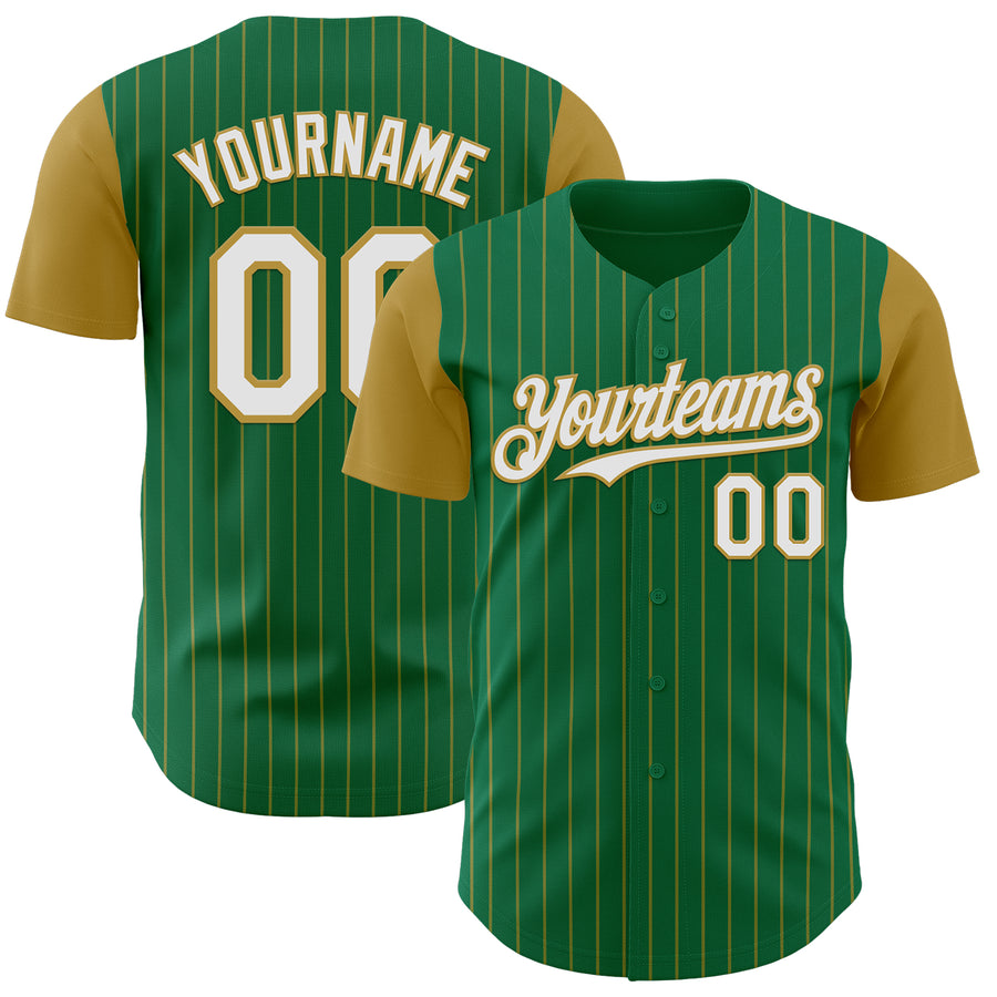 Custom Kelly Green Old Gold Pinstripe White Authentic Two Tone Baseball Jersey