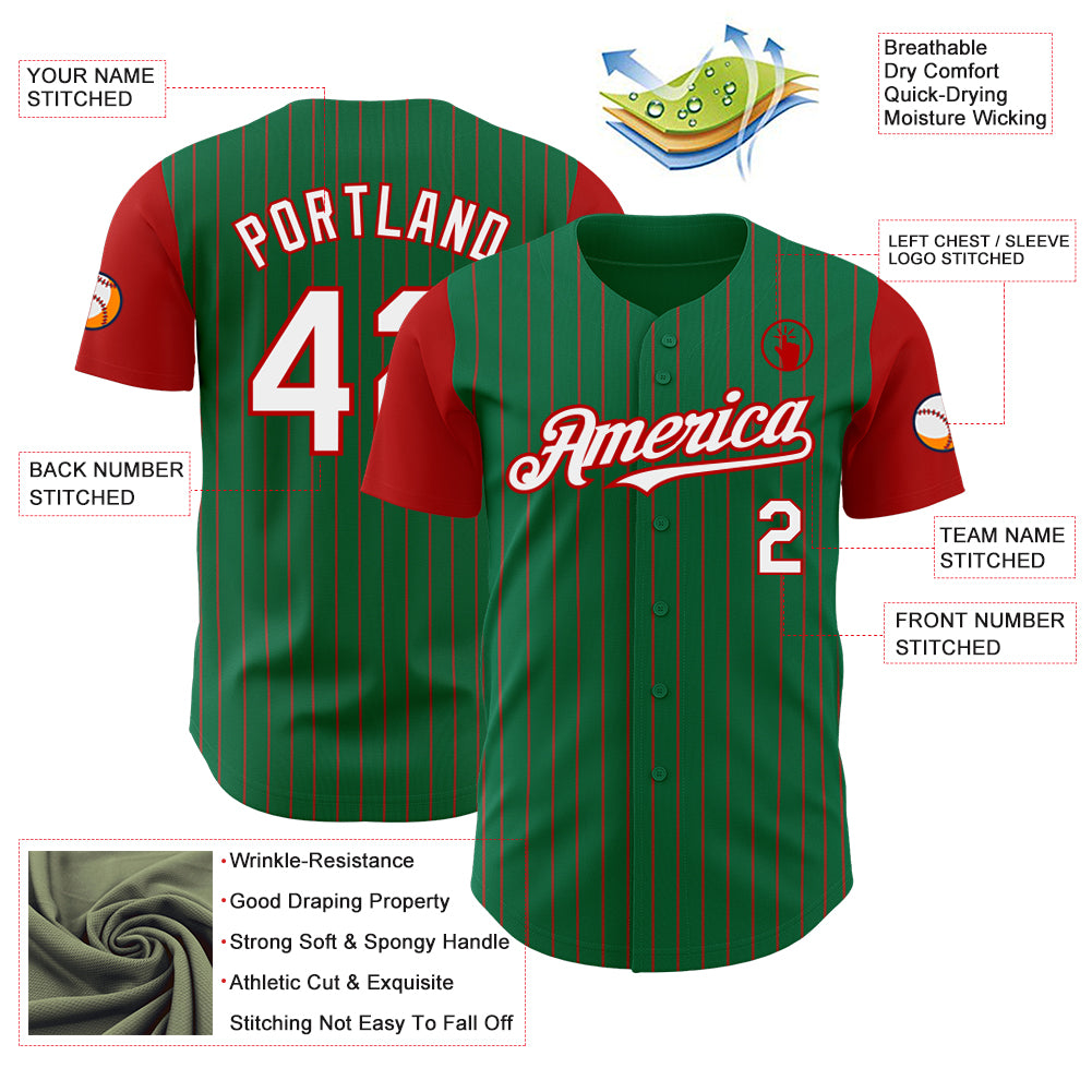 Custom Kelly Green Red Pinstripe White Authentic Two Tone Baseball Jersey