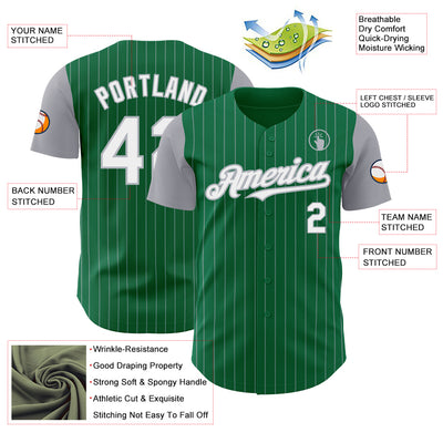 Custom Kelly Green Gray Pinstripe White Authentic Two Tone Baseball Jersey