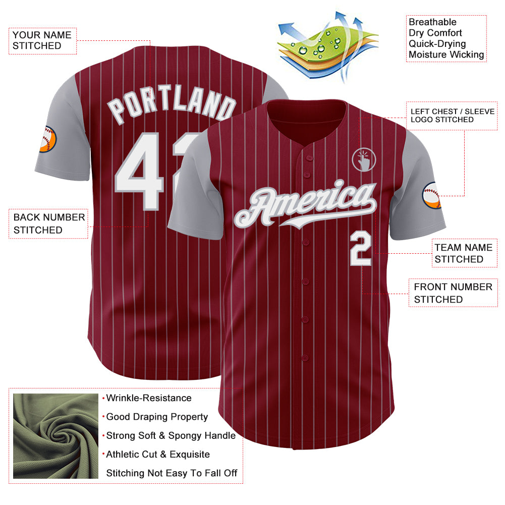 Custom Crimson Gray Pinstripe White Authentic Two Tone Baseball Jersey