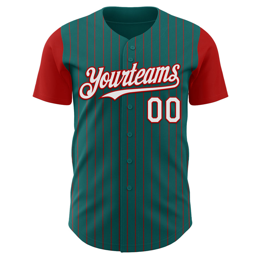 Custom Teal Red Pinstripe White Authentic Two Tone Baseball Jersey
