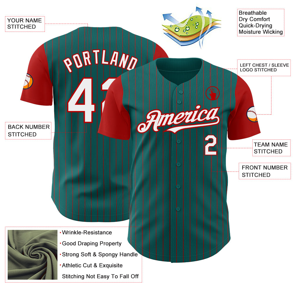 Custom Teal Red Pinstripe White Authentic Two Tone Baseball Jersey