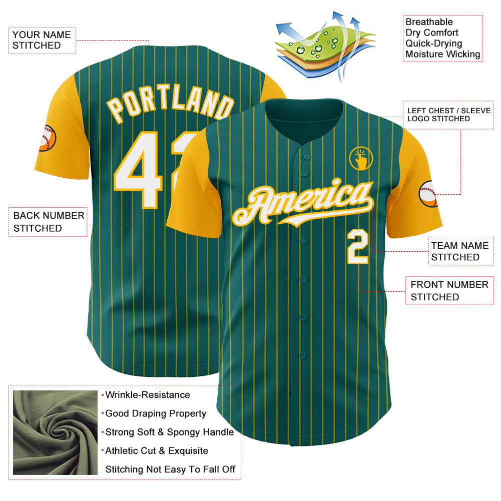 Custom Teal Gold Pinstripe White Authentic Two Tone Baseball Jersey