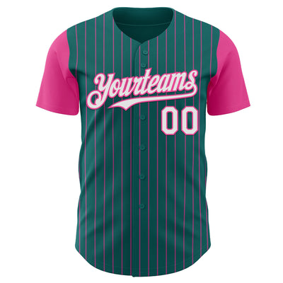 Custom Teal Pink Pinstripe White Authentic Two Tone Baseball Jersey
