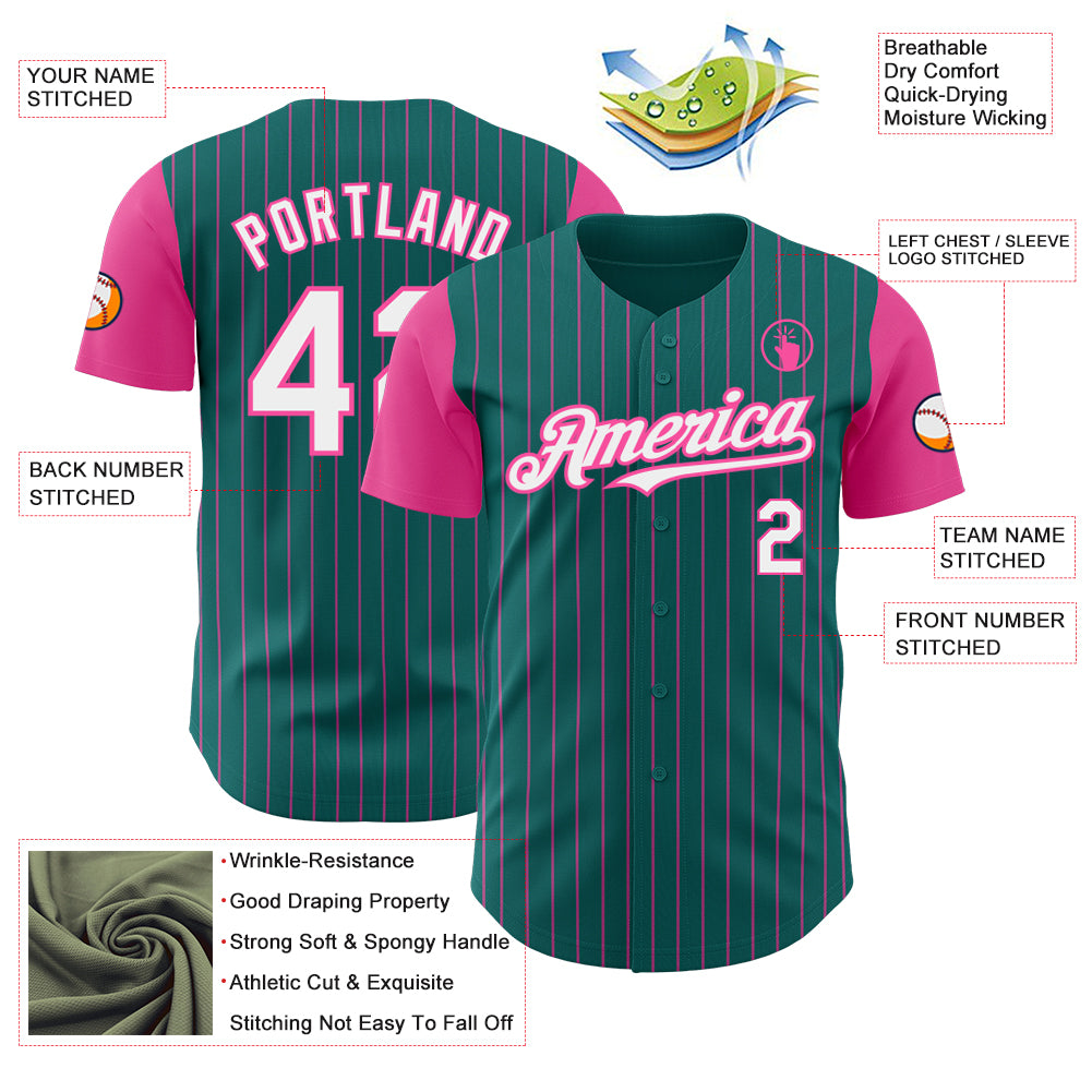 Custom Teal Pink Pinstripe White Authentic Two Tone Baseball Jersey