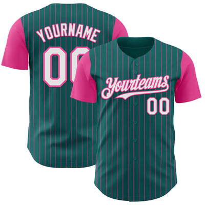 Custom Teal Pink Pinstripe White Authentic Two Tone Baseball Jersey