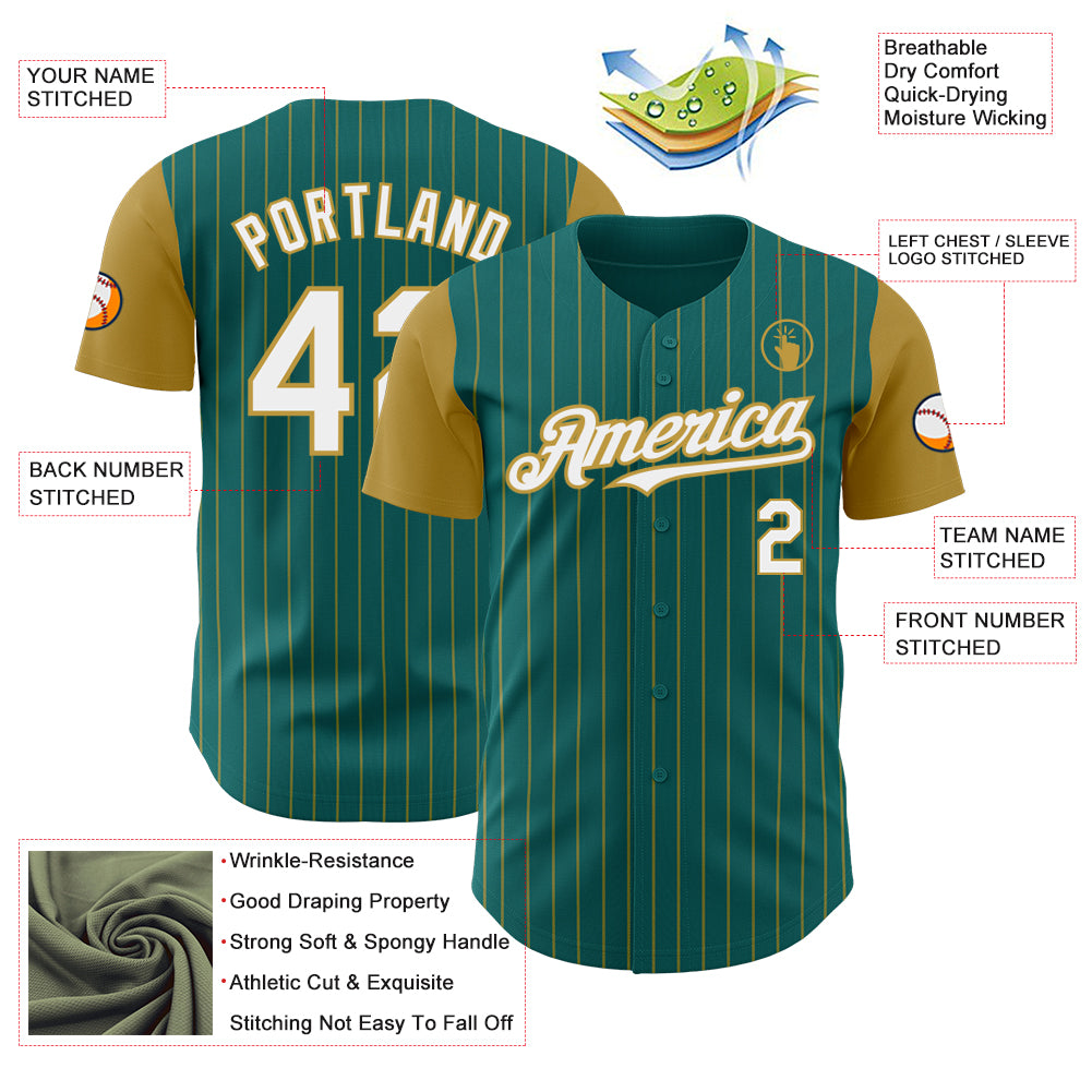 Custom Teal Old Gold Pinstripe White Authentic Two Tone Baseball Jersey