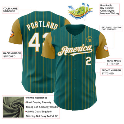 Custom Teal Old Gold Pinstripe White Authentic Two Tone Baseball Jersey
