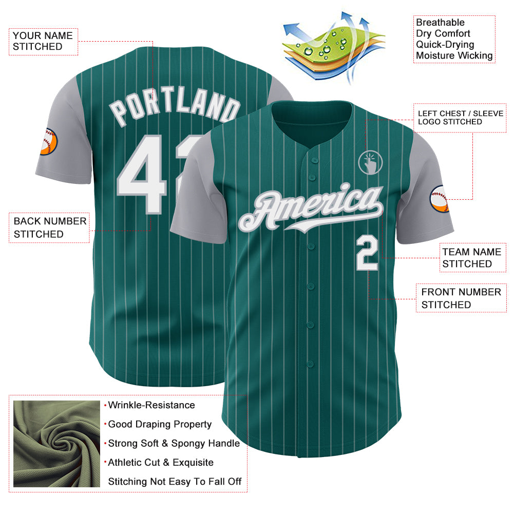 Custom Teal Gray Pinstripe White Authentic Two Tone Baseball Jersey