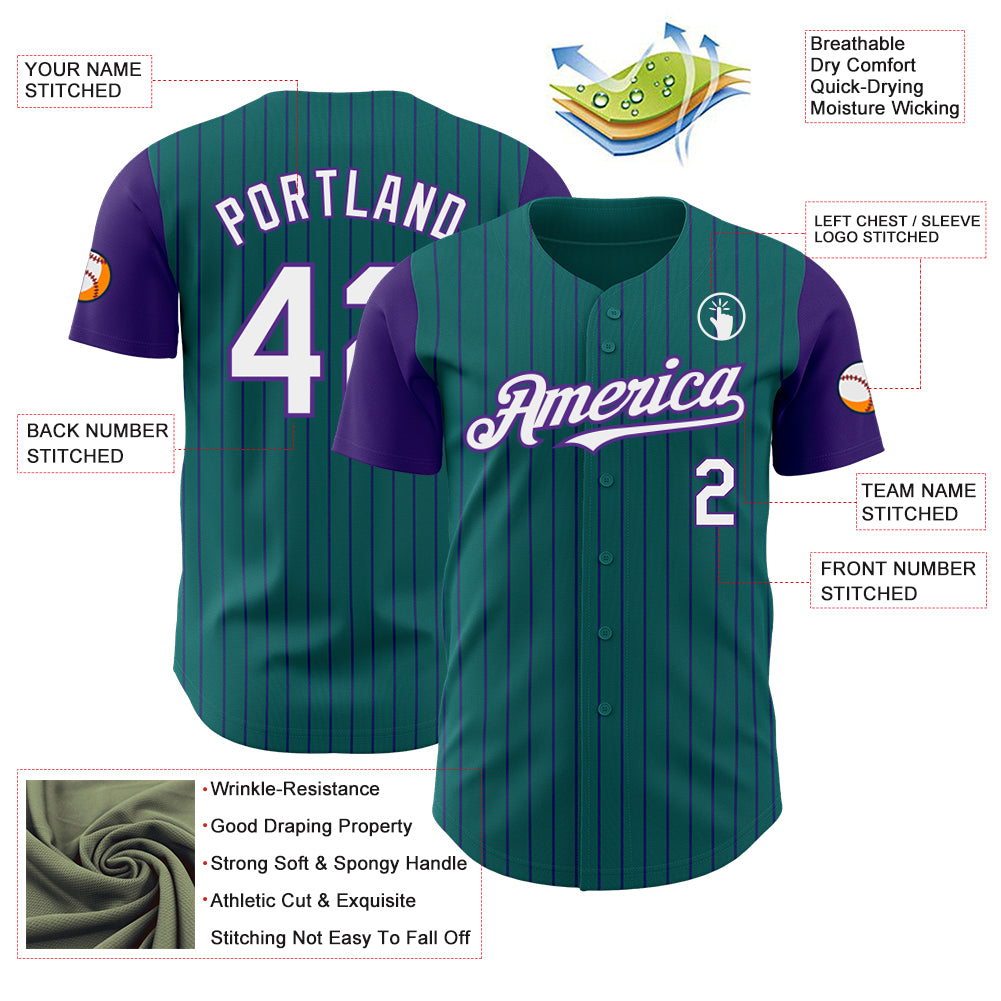 Custom Teal Purple Pinstripe White Authentic Two Tone Baseball Jersey