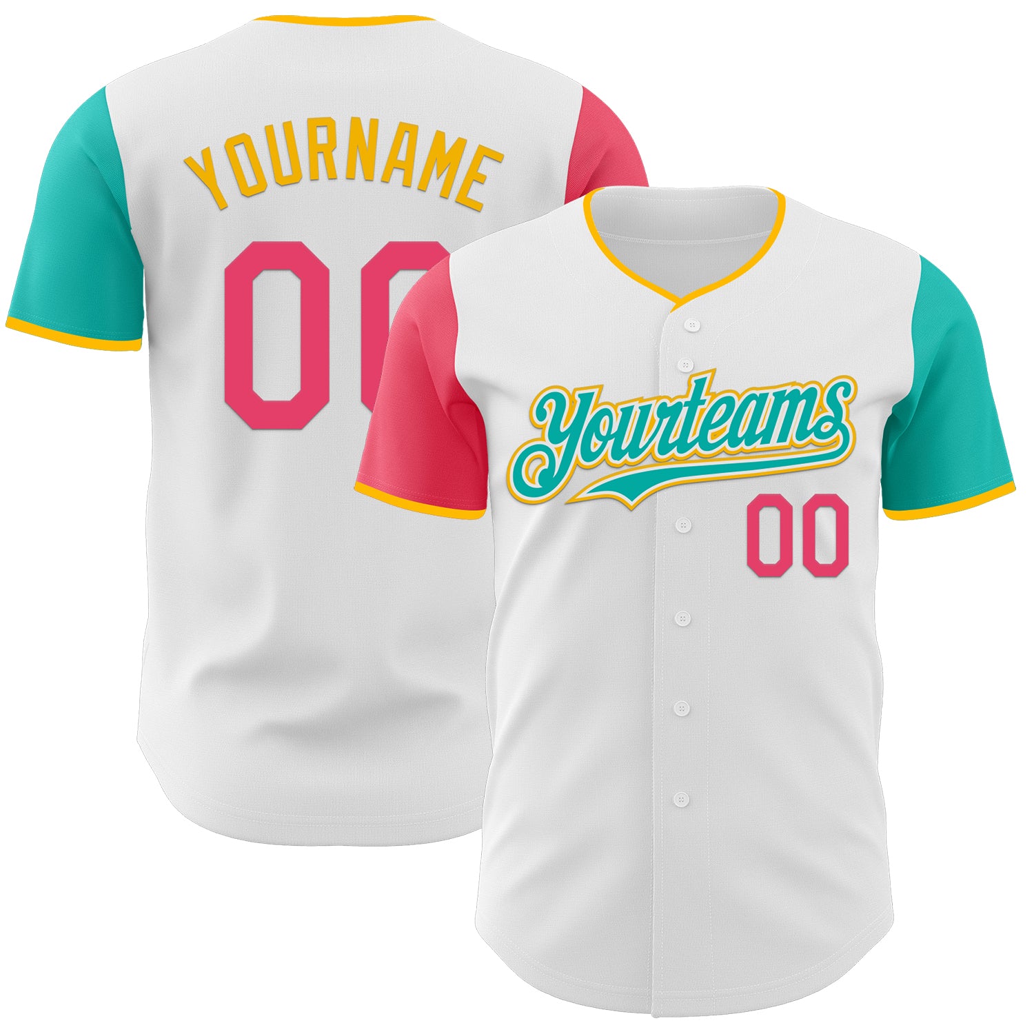 Custom White Neon Pink Aqua-Gold Authentic Two Tone Baseball Jersey