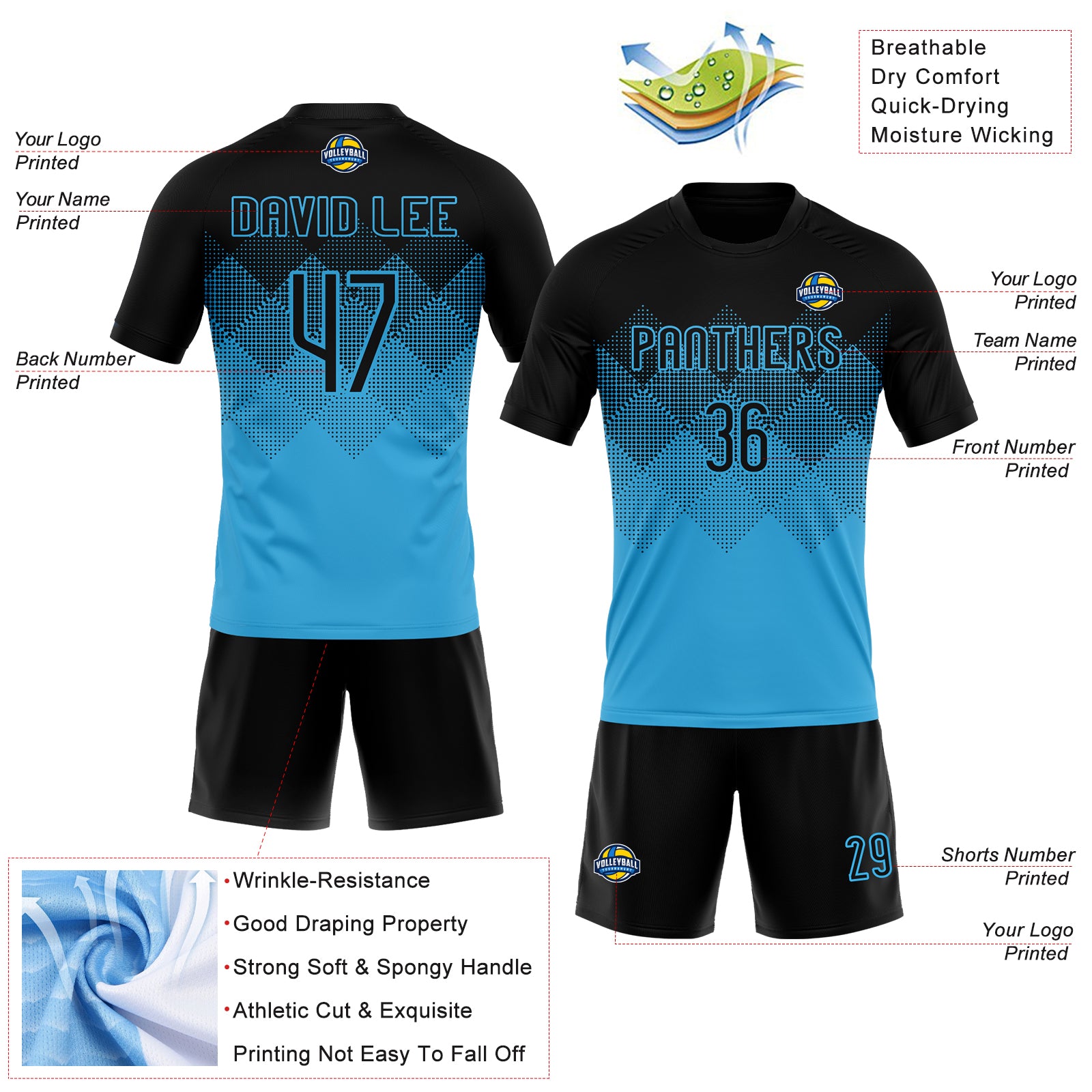 Custom Sky Blue Black Geometric Shape Sublimation Volleyball Uniform Jersey