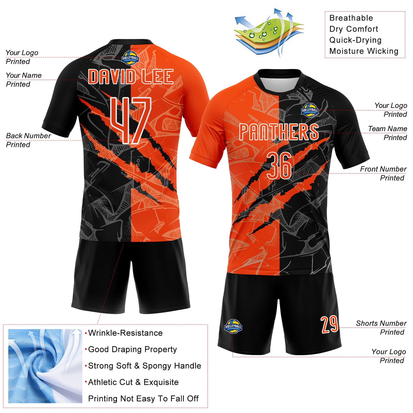 Custom Graffiti Pattern Orange-Black Scratch Sublimation Volleyball Uniform Jersey