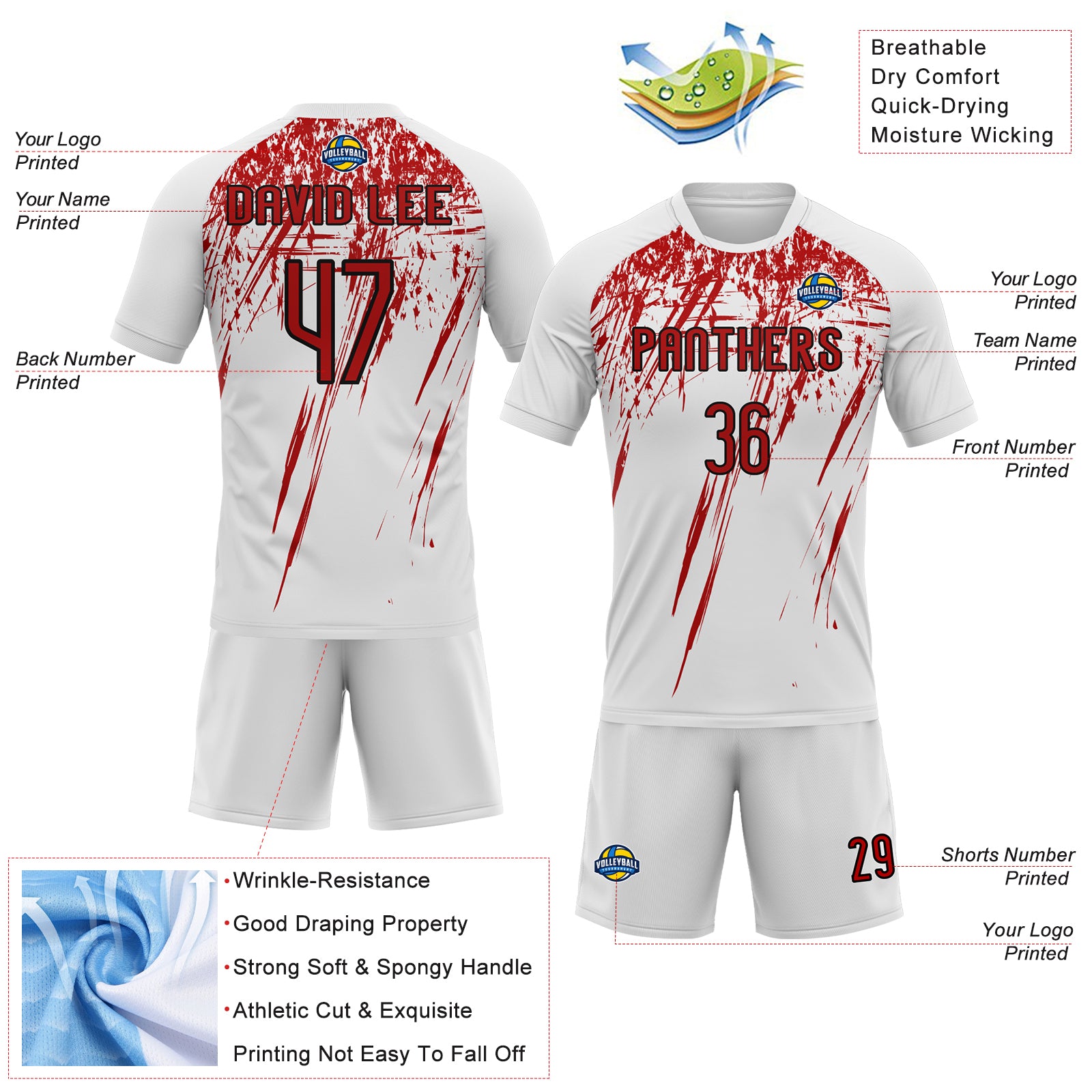 Custom White Red-Black Splash Sublimation Volleyball Uniform Jersey