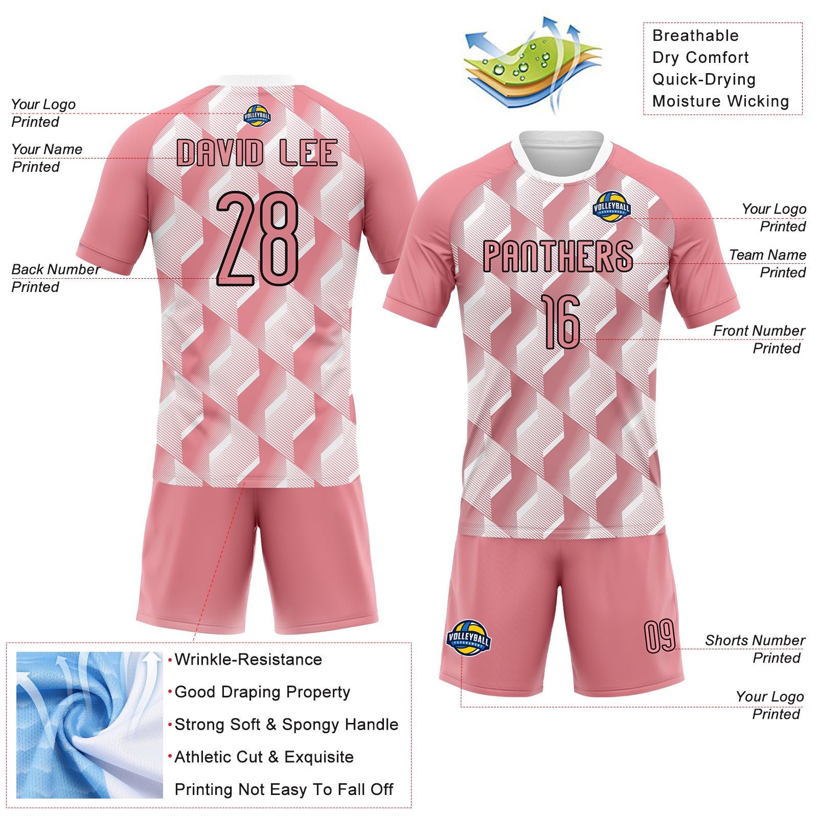 Custom Medium Pink Black-White Geometric Shape Sublimation Volleyball Uniform Jersey