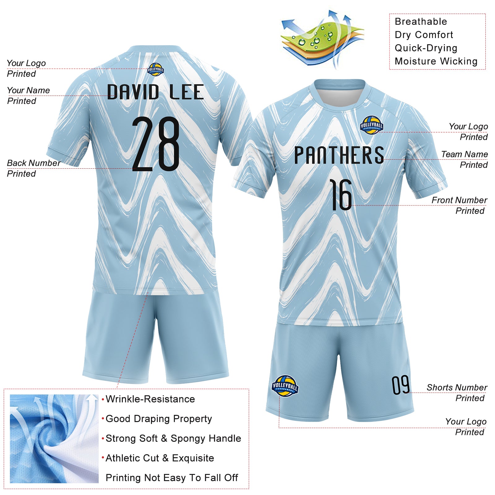 Custom Light Blue Black-White Fluid Sublimation Volleyball Uniform Jersey
