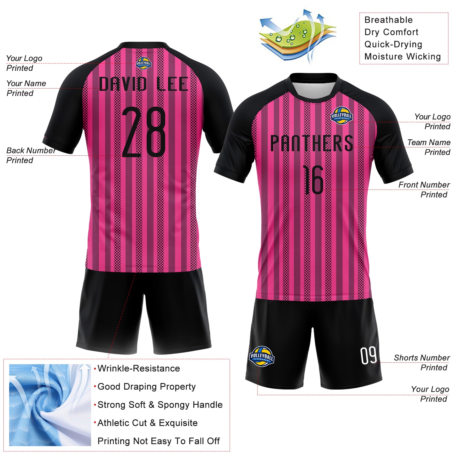 Custom Pink Black-White Lines Sublimation Volleyball Uniform Jersey