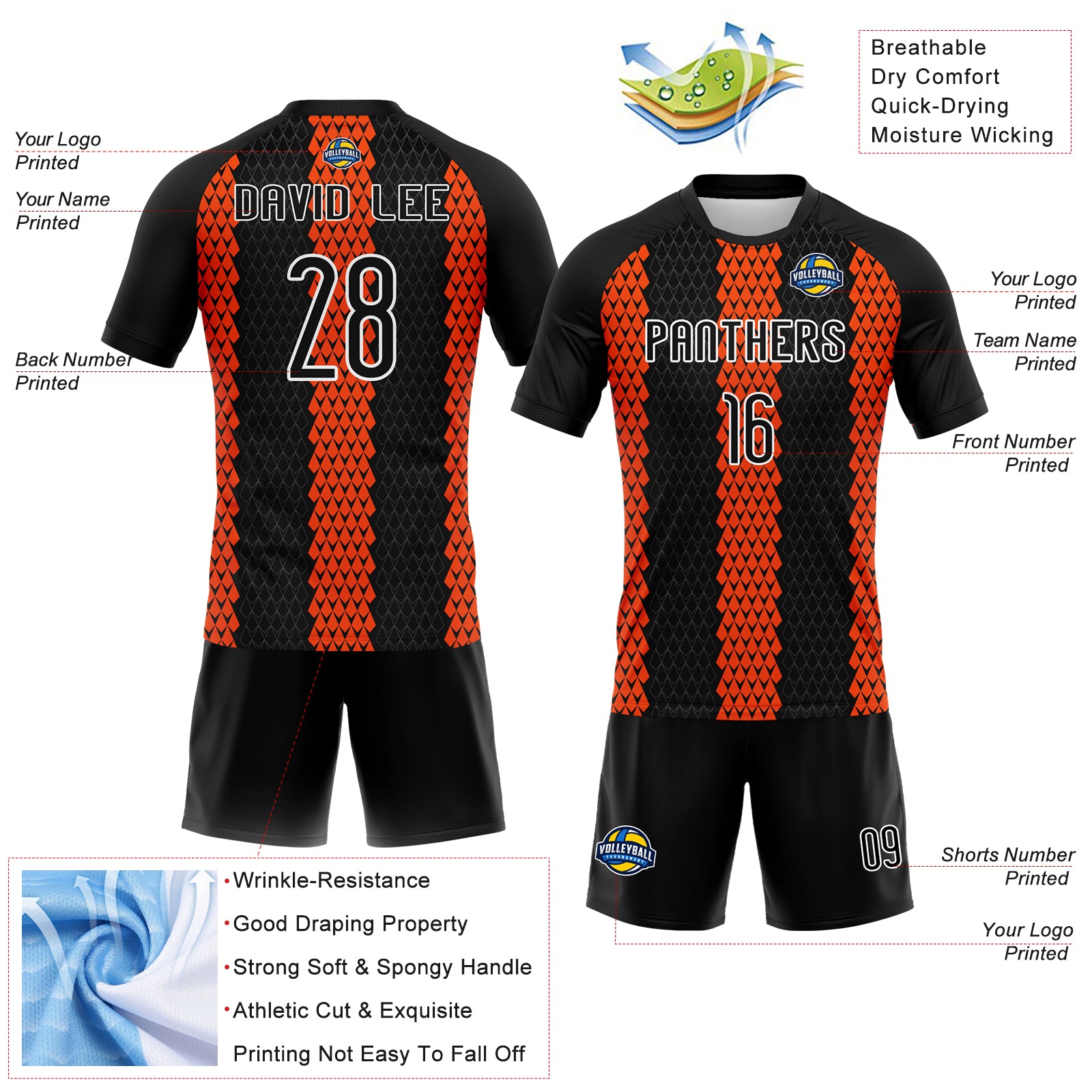 Custom Black Orange-White Geometric Shape Sublimation Volleyball Uniform Jersey