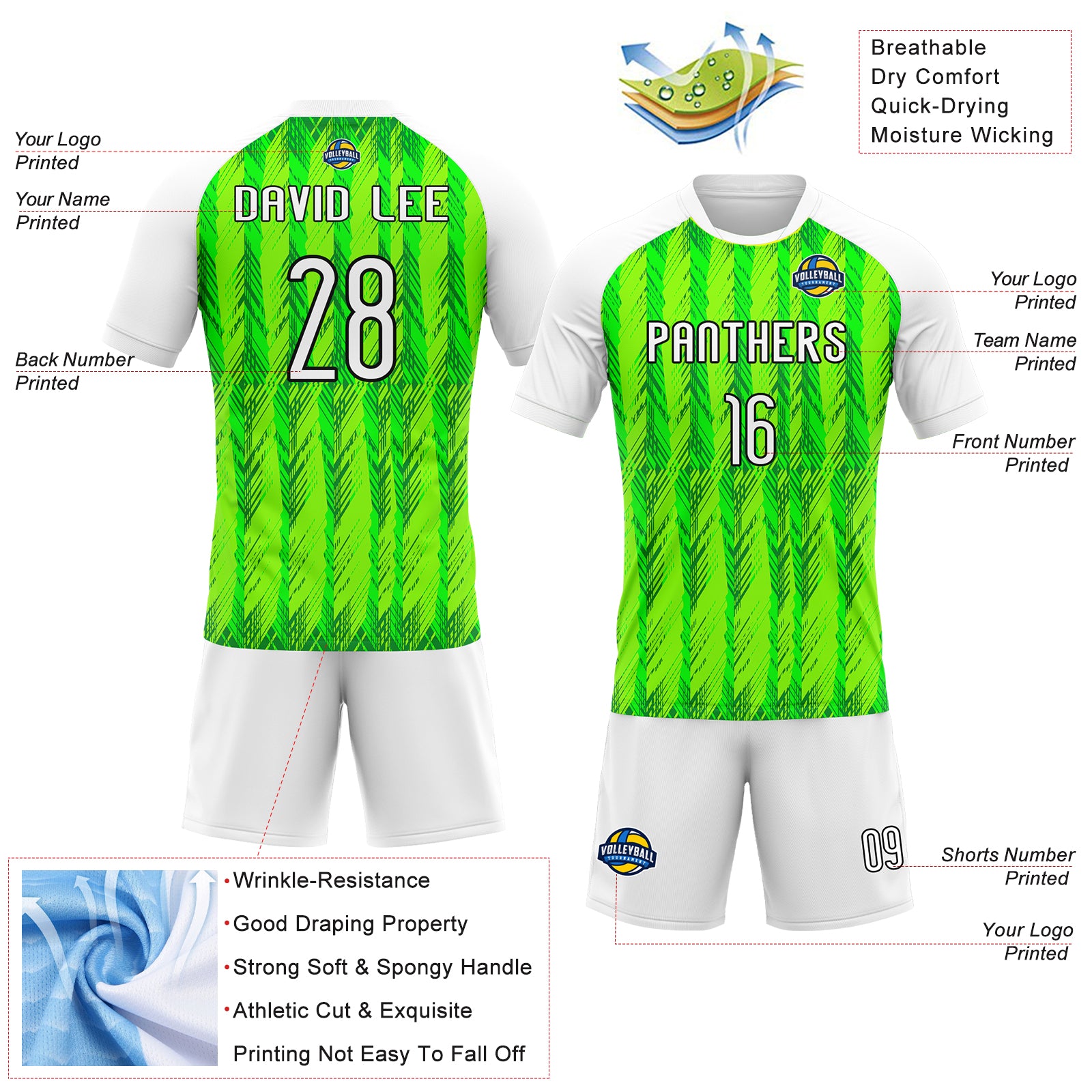Custom Neon Green White-Black Geometric Shape Sublimation Volleyball Uniform Jersey