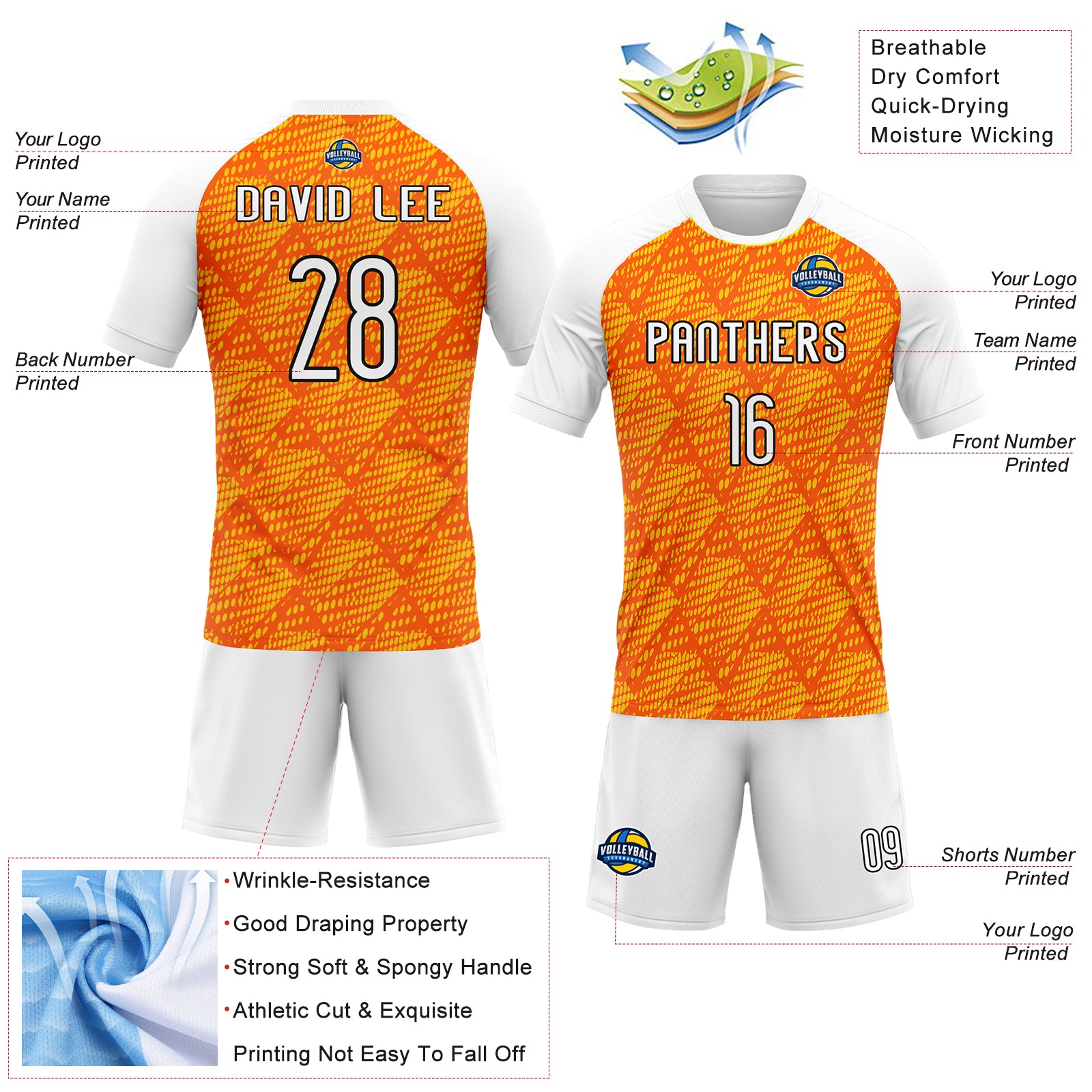 Custom Orange White-Black Lines And Dots Sublimation Volleyball Uniform Jersey
