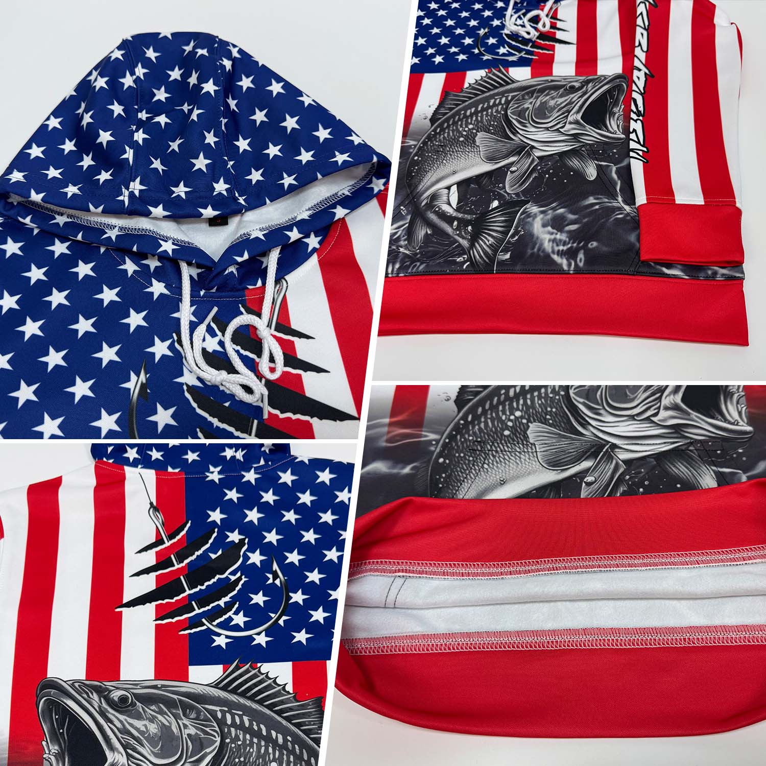 Custom Red US Navy Blue-Black 3D American Flag And Largemouth Bass Fish Fishing Sports Pullover Sweatshirt Hoodie