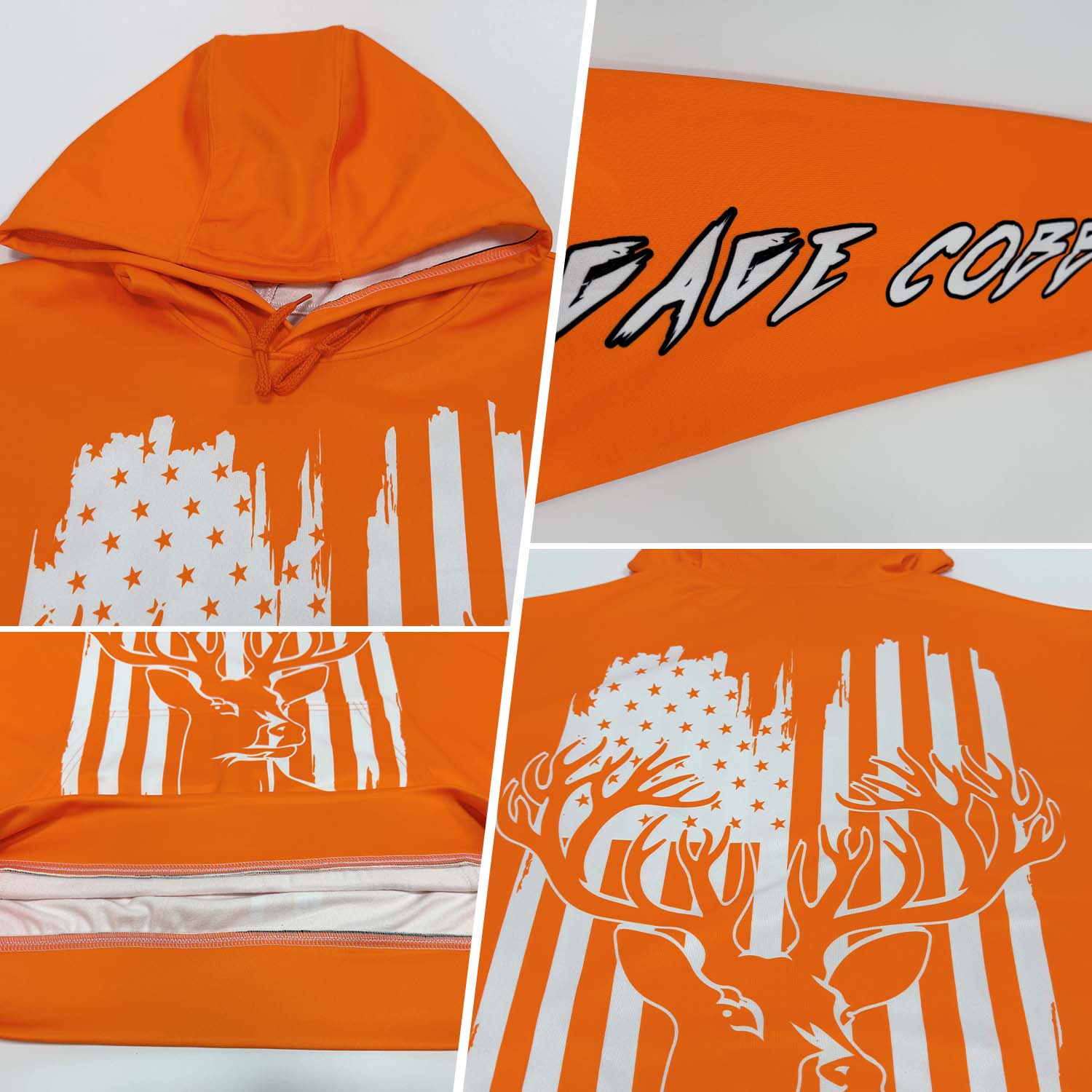 Custom Bay Orange White-Black 3D American Flag And Deer Hunting Sports Pullover Sweatshirt Hoodie