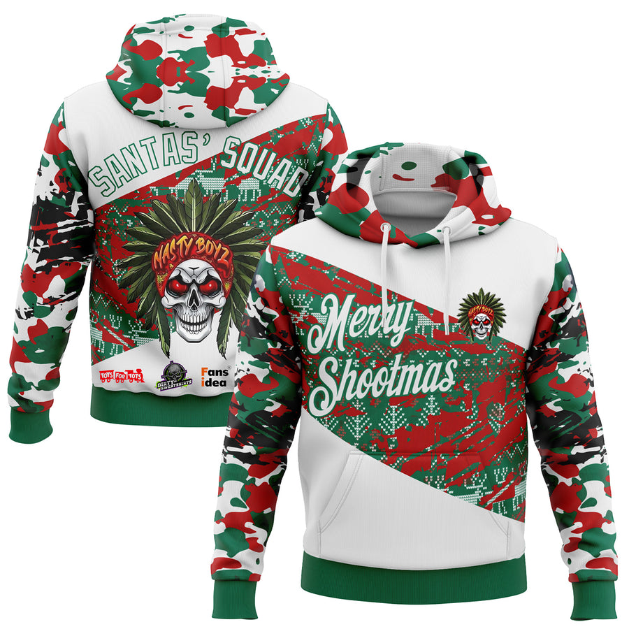 Custom White Red-Kelly Green Nasty Boyz Paintball Christmas Sports Pullover Sweatshirt Hoodie