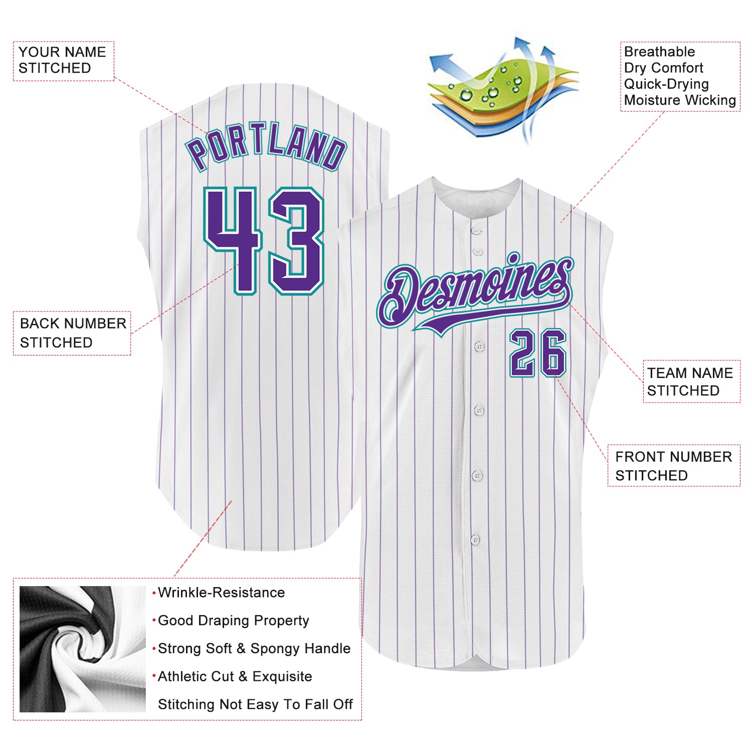 Custom White Purple Pinstripe Teal Authentic Sleeveless Baseball Jersey