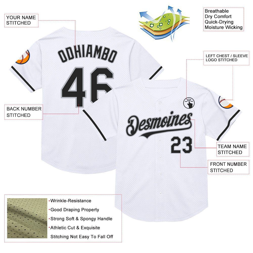Custom White Black-Gray Mesh Authentic Throwback Baseball Jersey