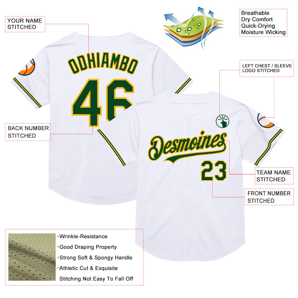Custom White Green-Gold Mesh Authentic Throwback Baseball Jersey