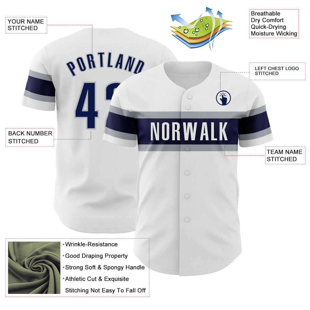 Custom White Navy-Gray Authentic Baseball Jersey