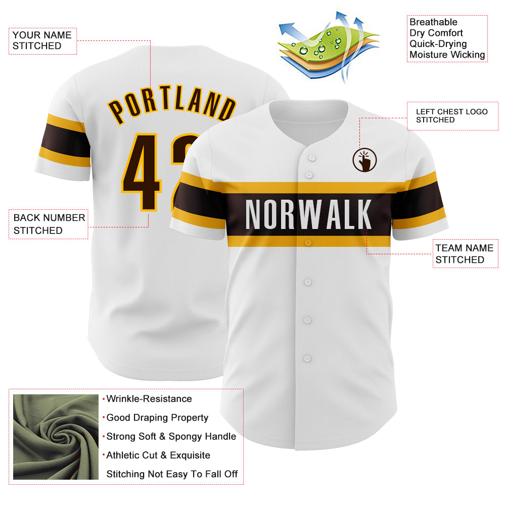 Custom White Brown-Gold Authentic Baseball Jersey